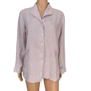 EDWARD vintage Light Pink 100% Irish Linen Blouse Button Up Shirt embroidered M